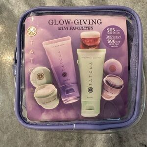 Tatcha Skincare Essentials in Purple Pouch